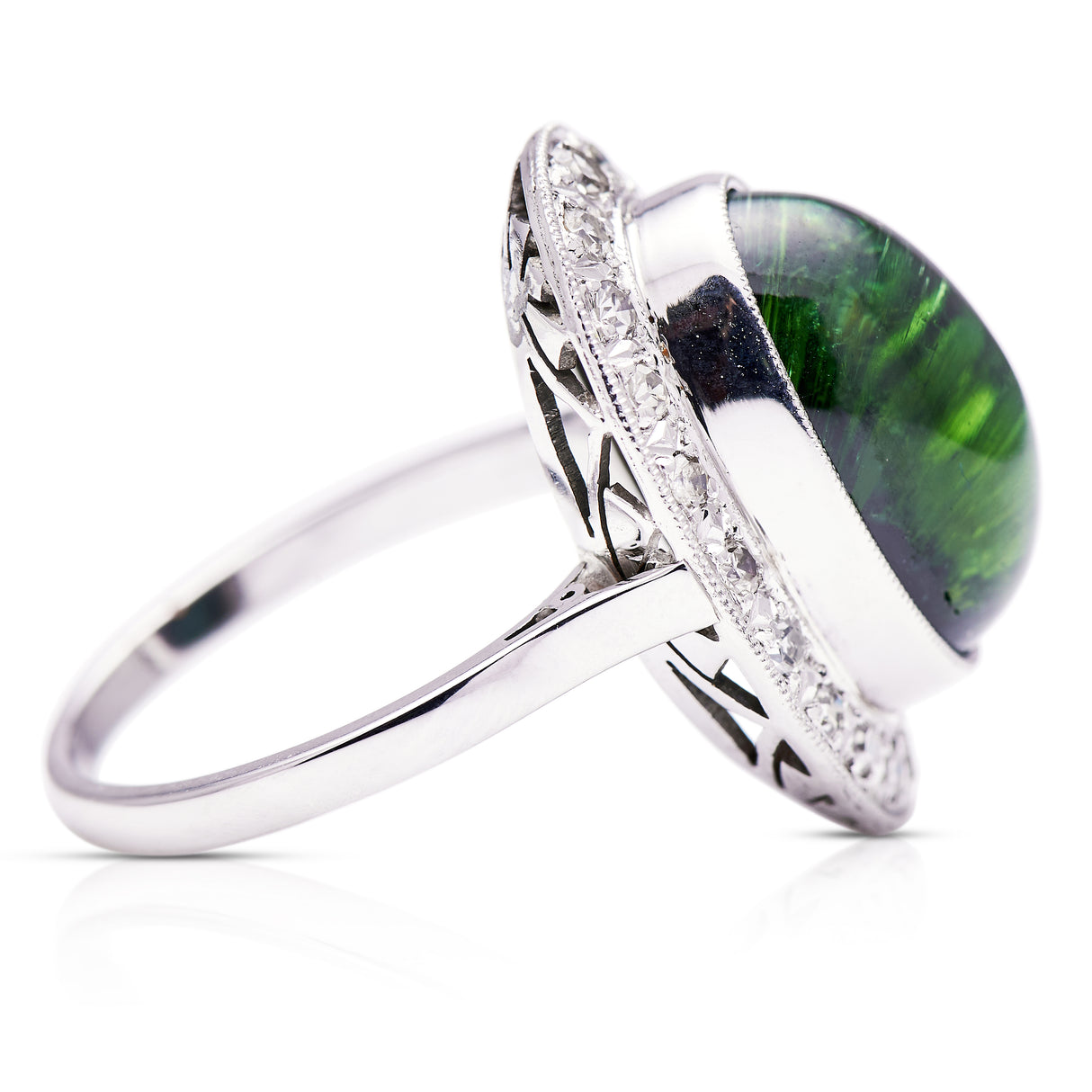 Art Deco, French 18ct white gold, cabochon tourmaline and diamond ring