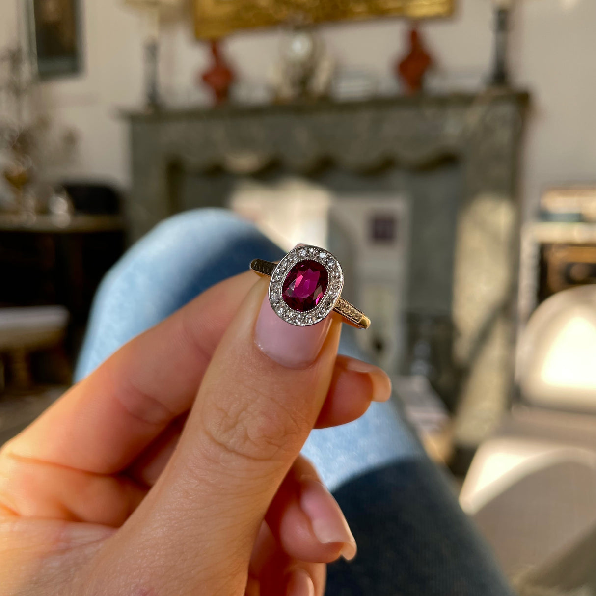 Vintage, Art Deco oval ruby and diamond cluster engagement ring, 18ct yellow gold