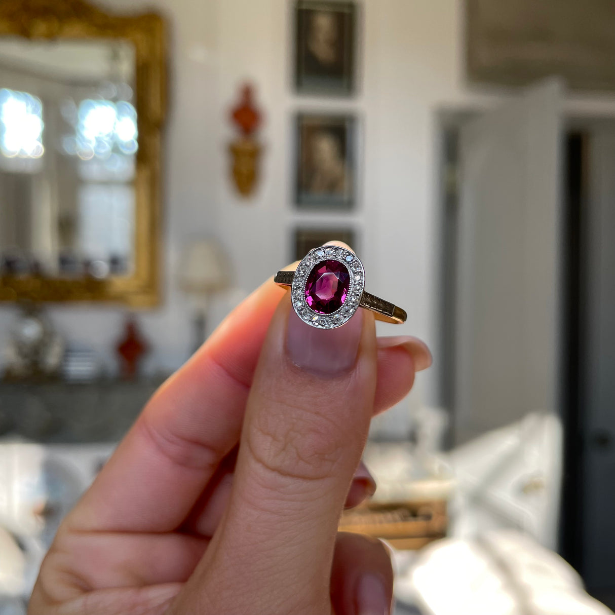 Vintage, Art Deco oval ruby and diamond cluster engagement ring, 18ct yellow gold