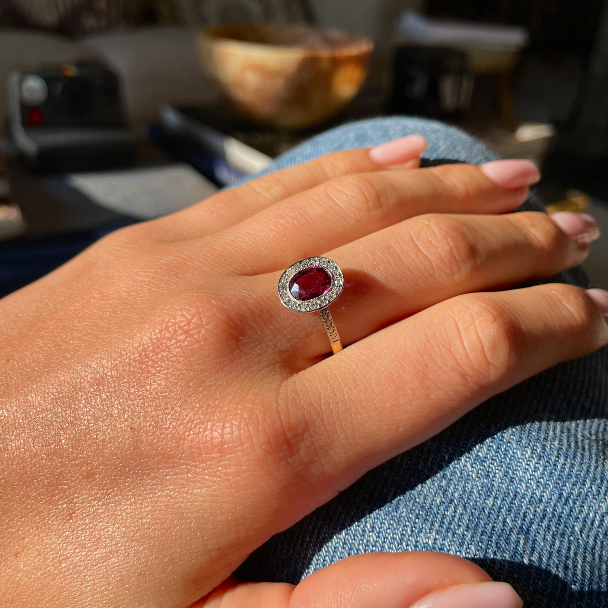 Vintage, Art Deco oval ruby and diamond cluster engagement ring, 18ct yellow gold