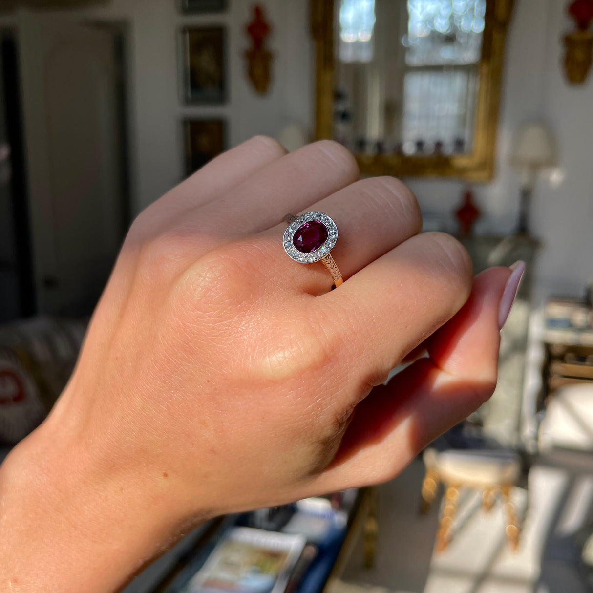 Vintage, Art Deco oval ruby and diamond cluster engagement ring, 18ct yellow gold