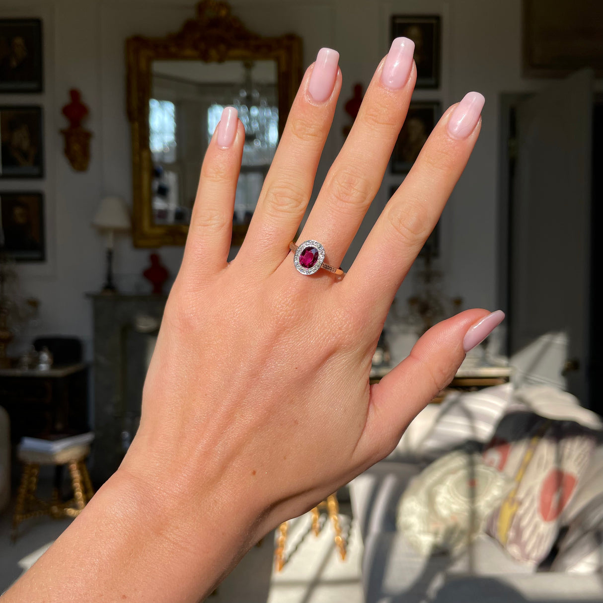 Vintage, Art Deco oval ruby and diamond cluster engagement ring, 18ct yellow gold