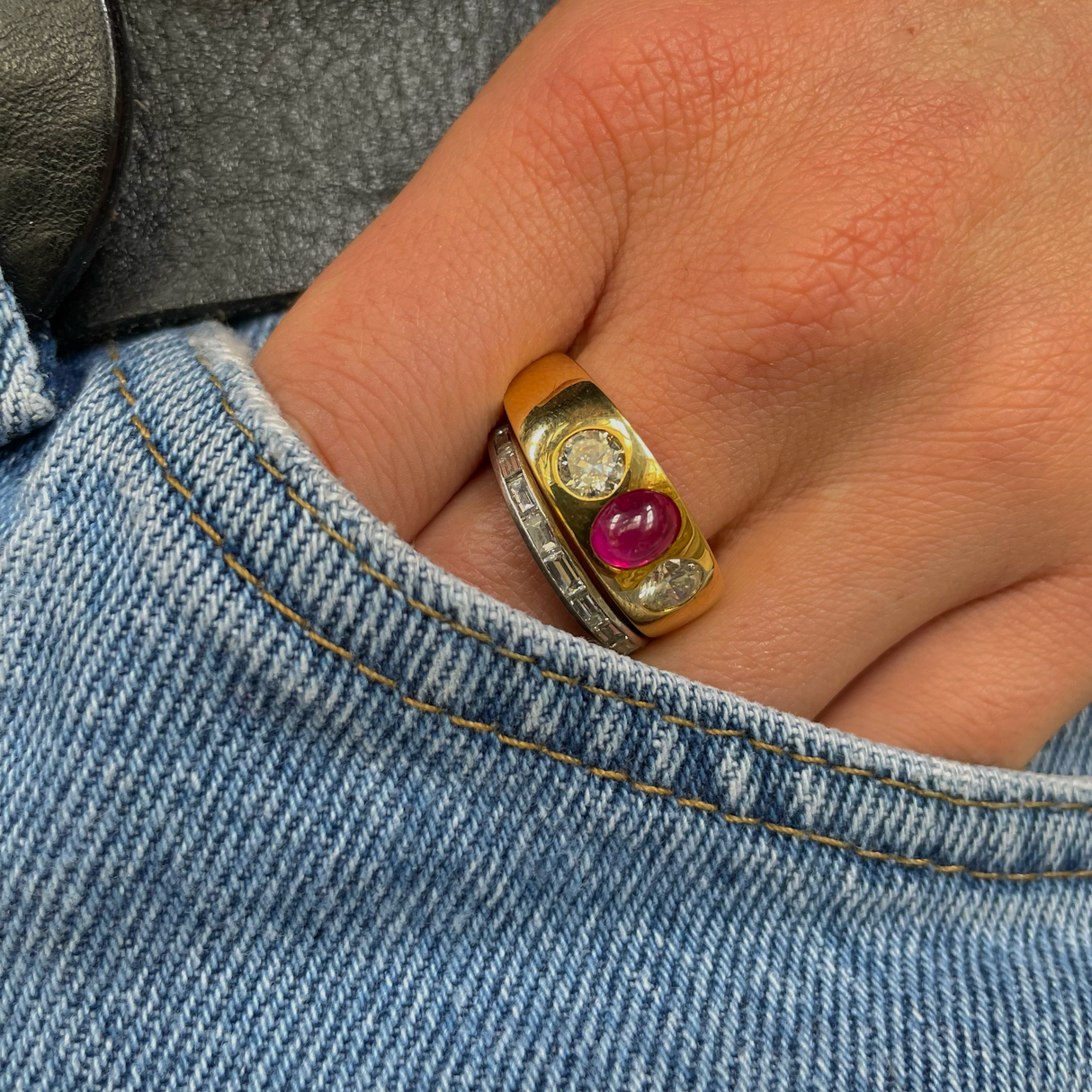 French cabochon ruby and diamond gypsy three stone ring, 18ct yellow gold