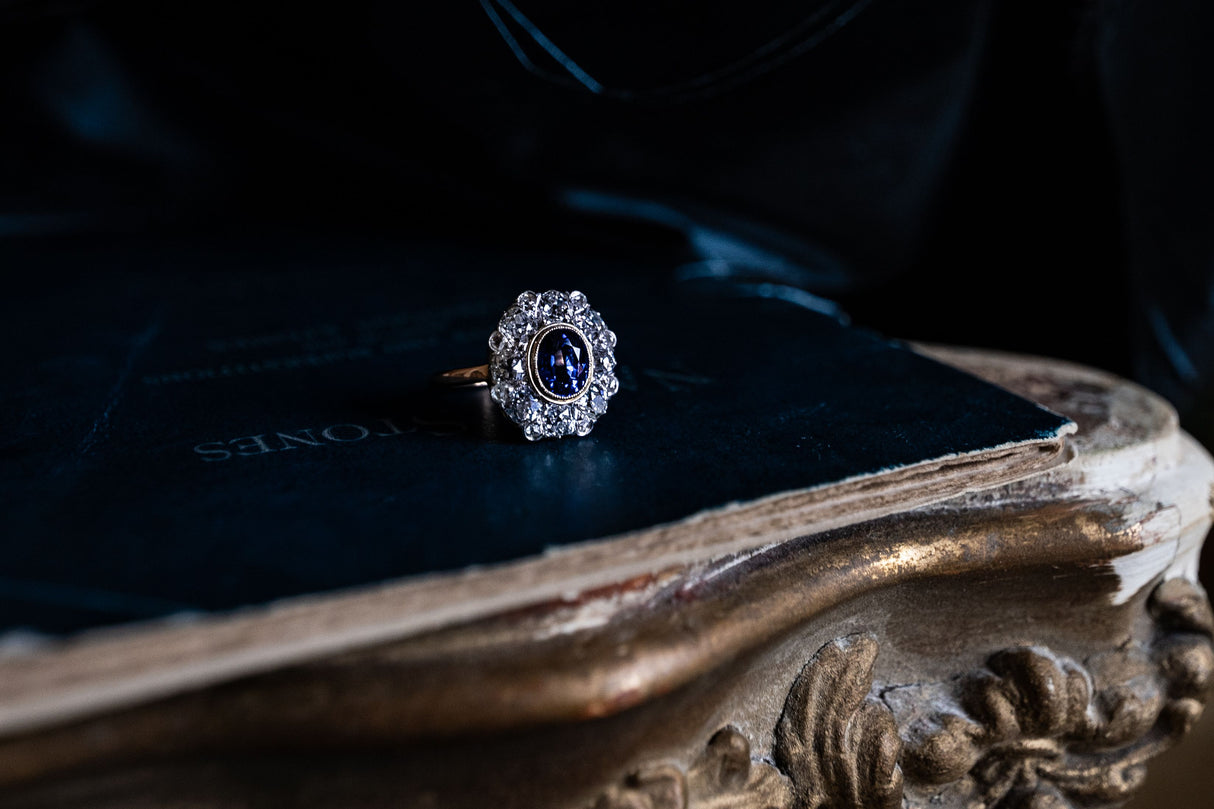 Antique, French, Edwardian, 18ct gold, sapphire and diamond cluster ring