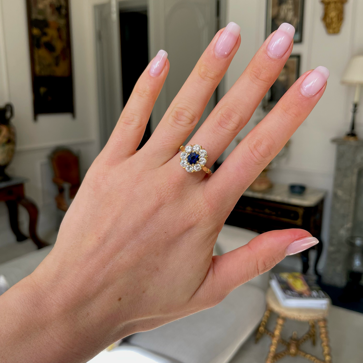 Sapphire and diamond cluster engagement ring, 18ct yellow gold