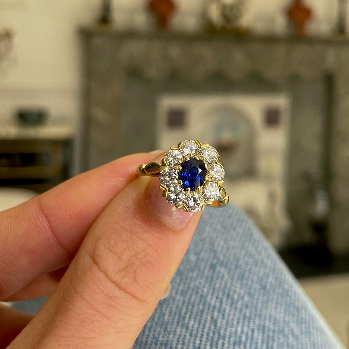 Sapphire and diamond cluster engagement ring, 18ct yellow gold