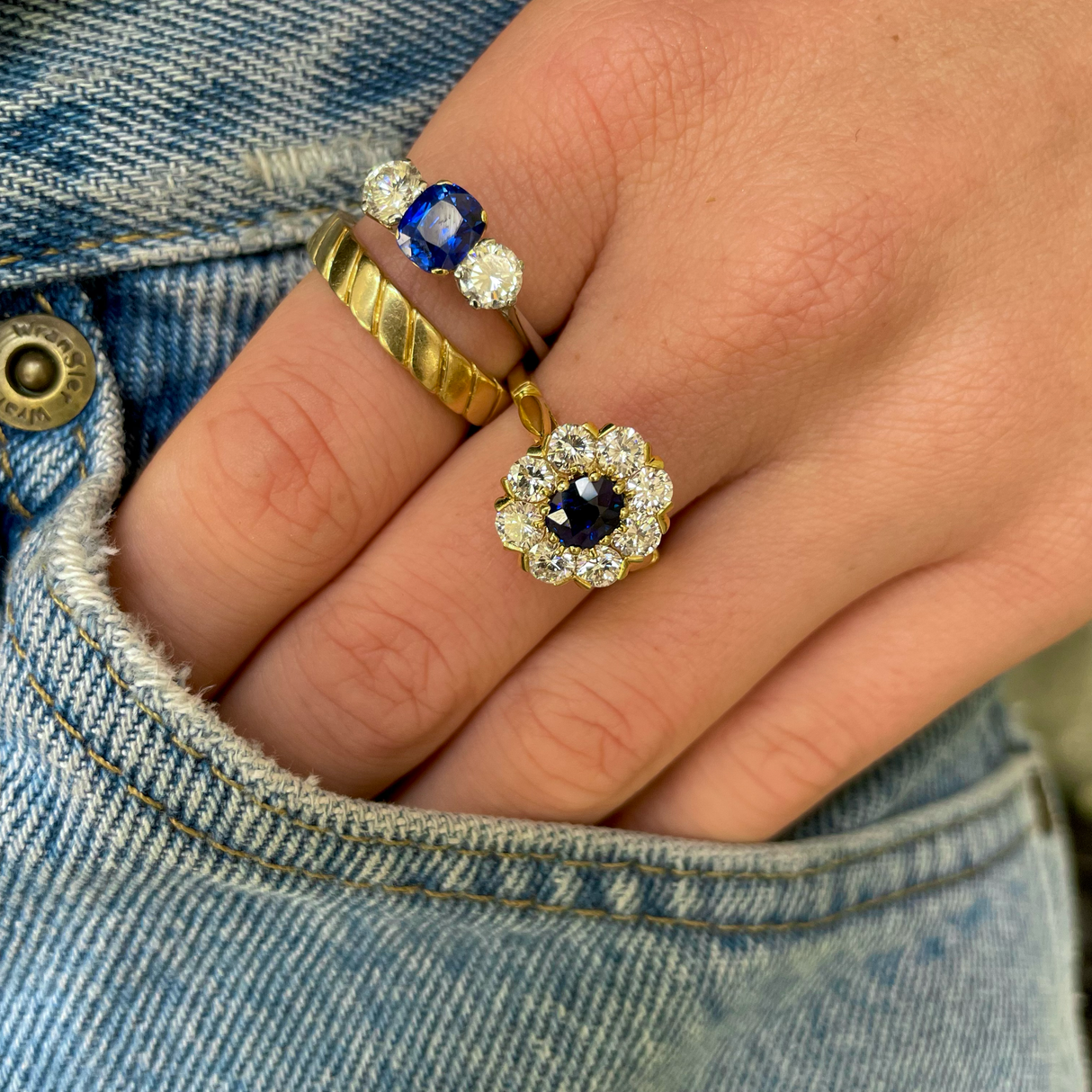 Sapphire and diamond cluster engagement ring, 18ct yellow gold