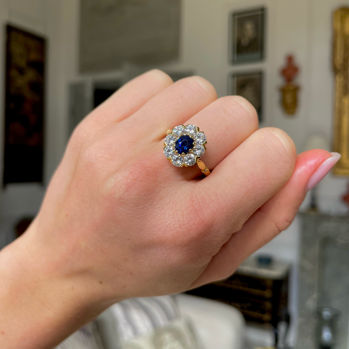 Sapphire and diamond cluster engagement ring, 18ct yellow gold