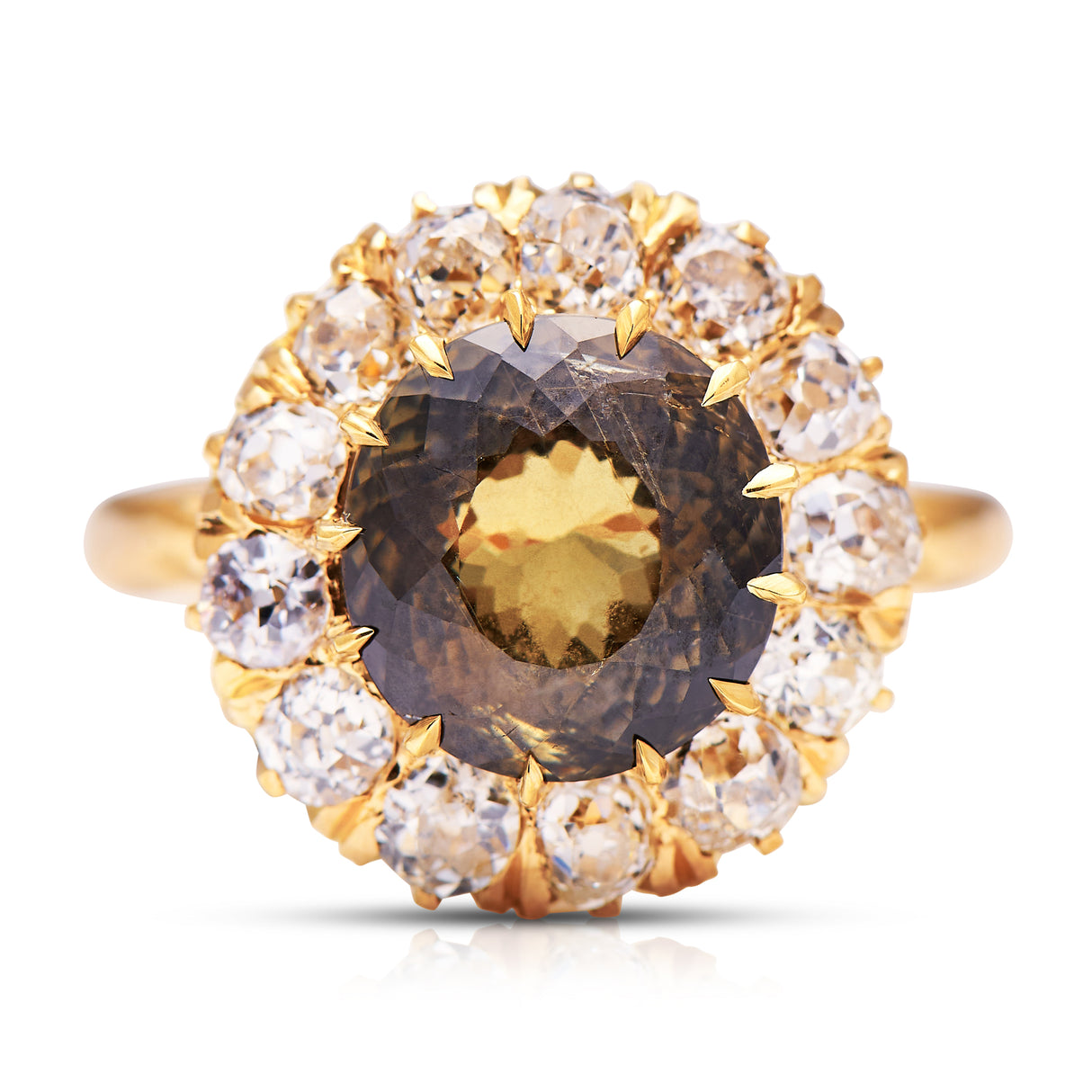 French, Belle Époque 5.06ct green-yellow sapphire and diamond engagement ring