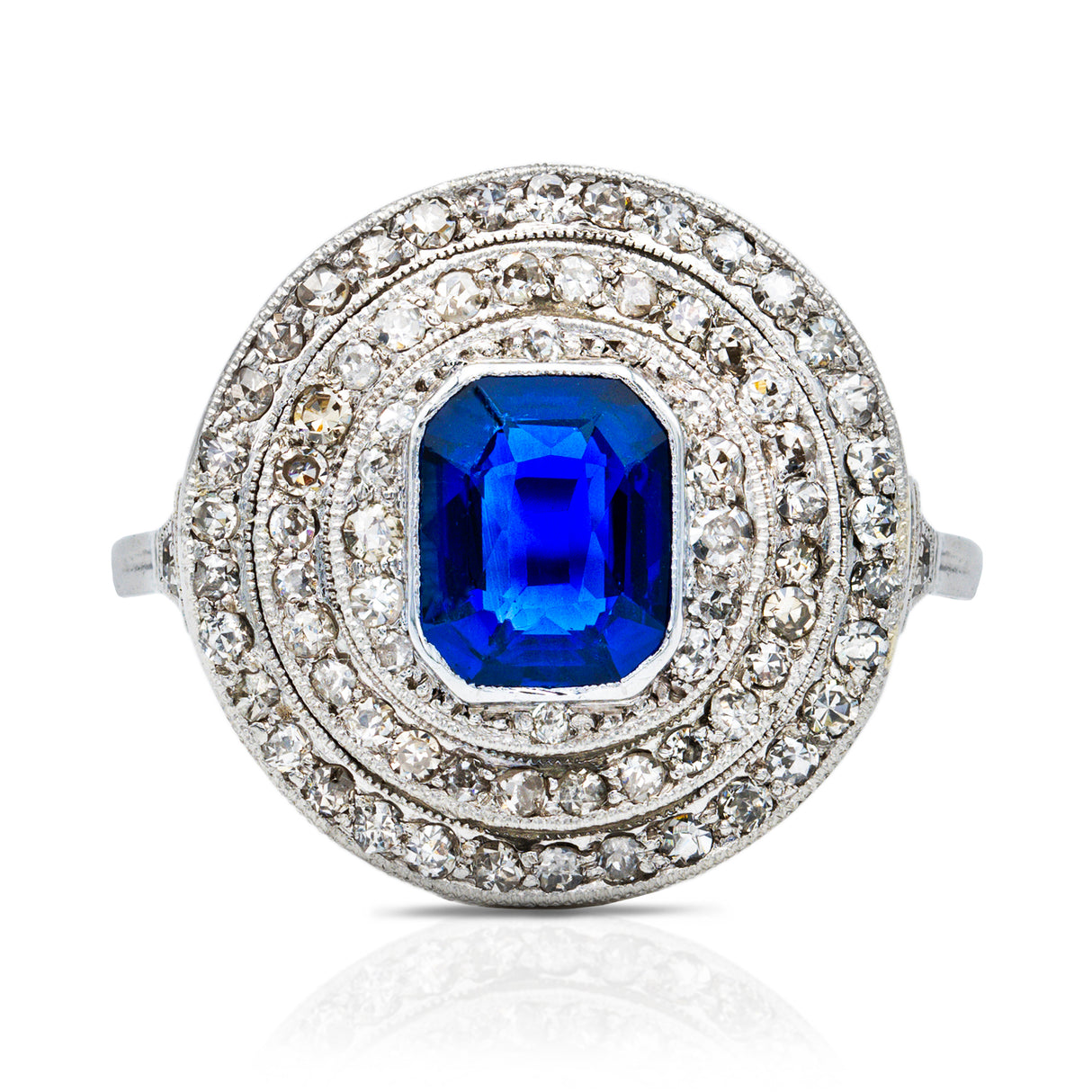 Sapphire and diamond target cluster ring, front view.