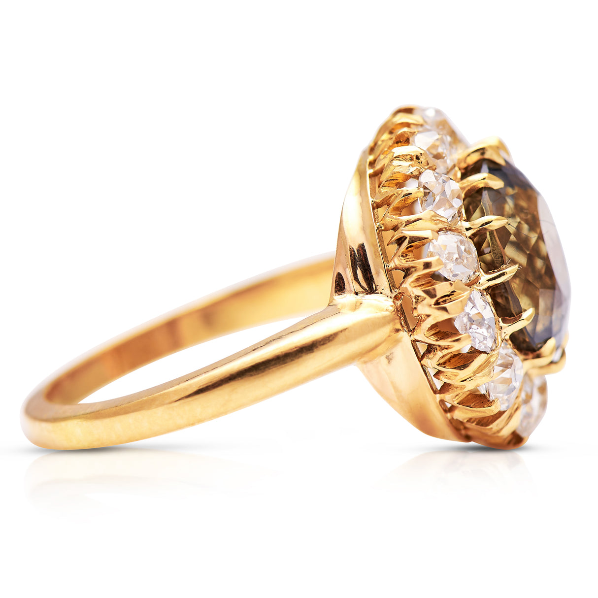 French, Belle Époque 5.06ct green-yellow sapphire and diamond engagement ring