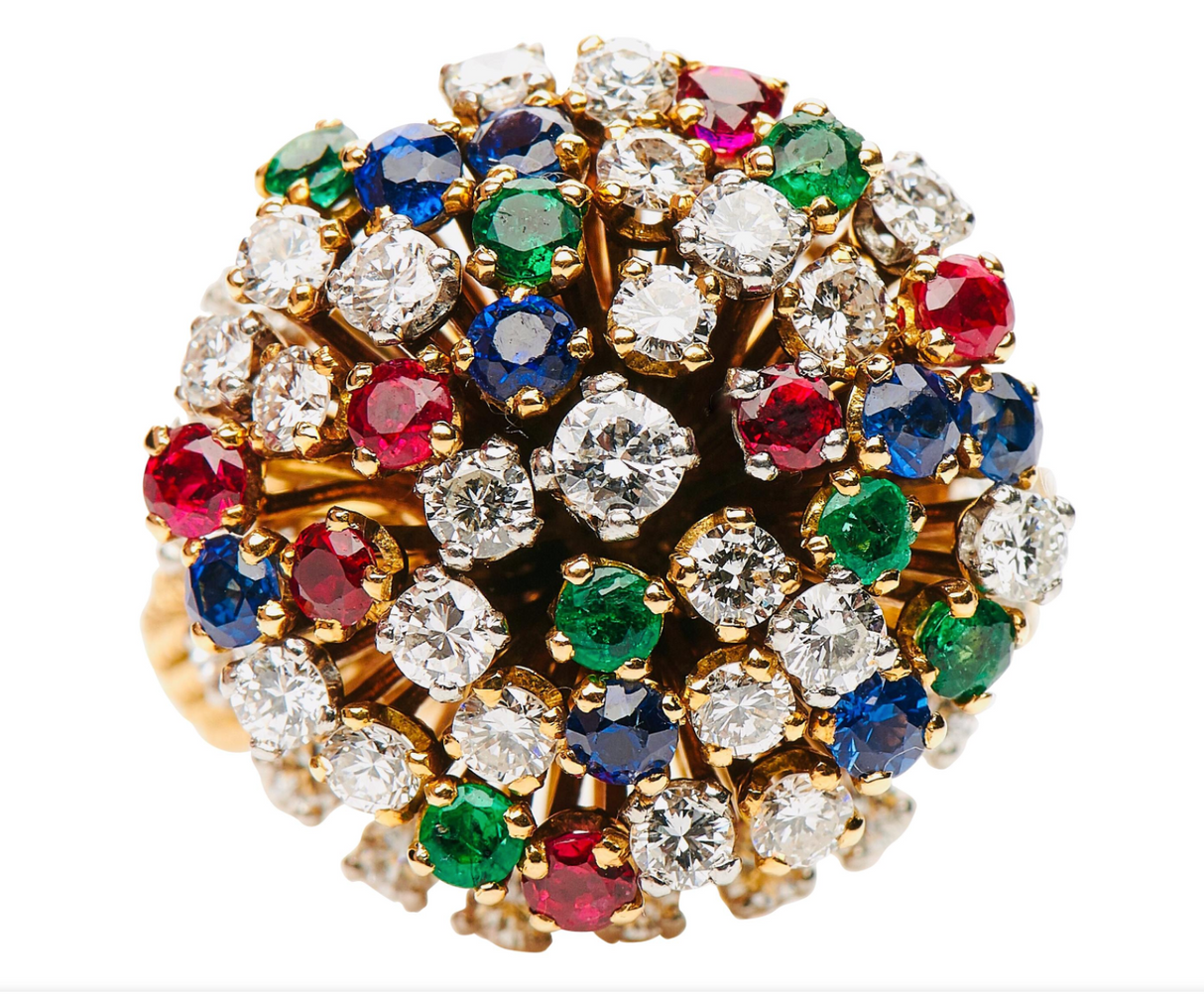 Vintage, French, 18 carat yellow gold sapphire, emerald and diamond cluster ring