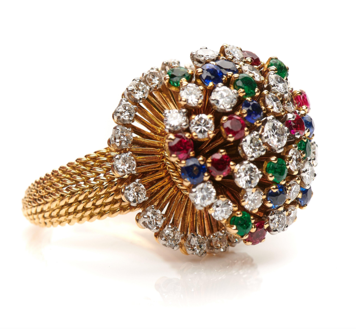 Vintage, French, 18 carat yellow gold sapphire, emerald and diamond cluster ring