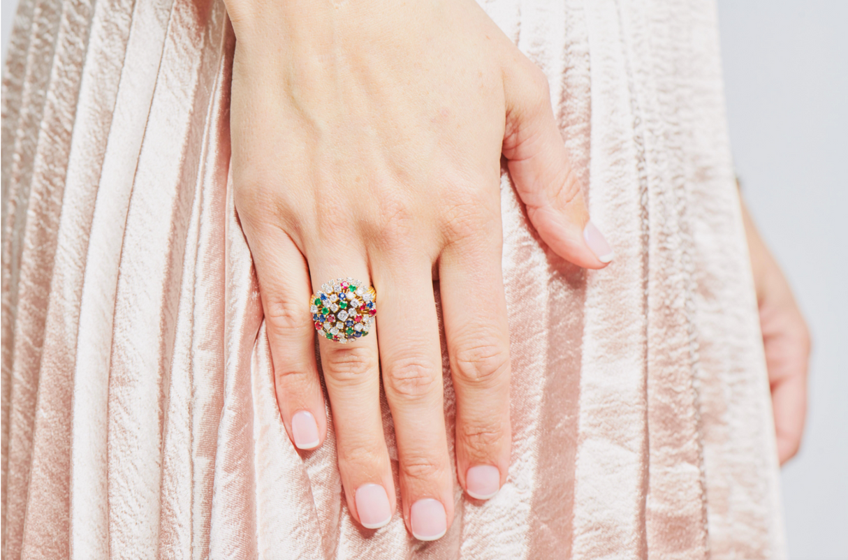 Vintage, French, 18 carat yellow gold sapphire, emerald and diamond cluster ring