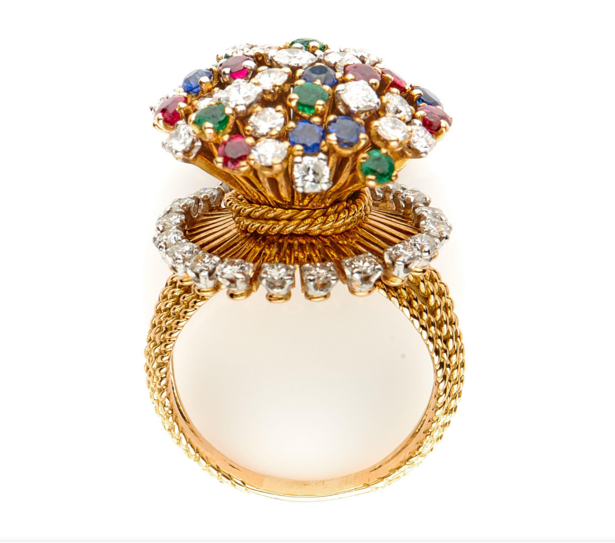 Vintage, French, 18 carat yellow gold sapphire, emerald and diamond cluster ring