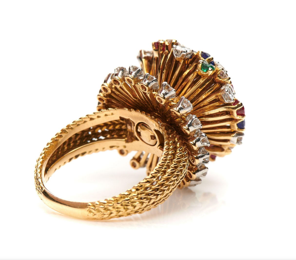 Vintage, French, 18 carat yellow gold sapphire, emerald and diamond cluster ring