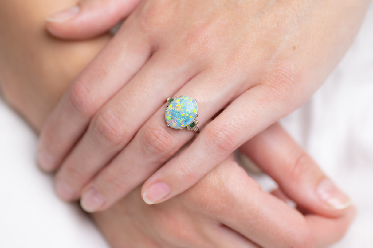 Spectacular Art Deco, 1920s, Opal, Emerald and Diamond Ring