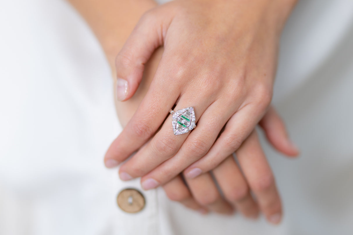 Stunning Antique, Art Deco, 18ct White Gold, Emerald and Diamond Cluster Ring | Antique Rings | Antique Ring Boutique | Vintage Engagement Rings | Antique Engagement Rings
