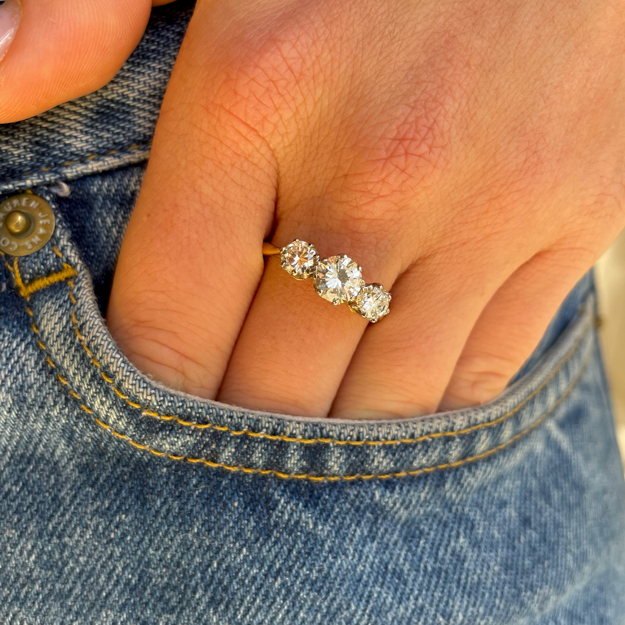 Vintage diamond three stone engagement ring, 18ct yellow gold