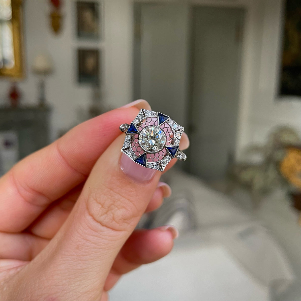 Vintage, platinum, diamond and sapphire ring