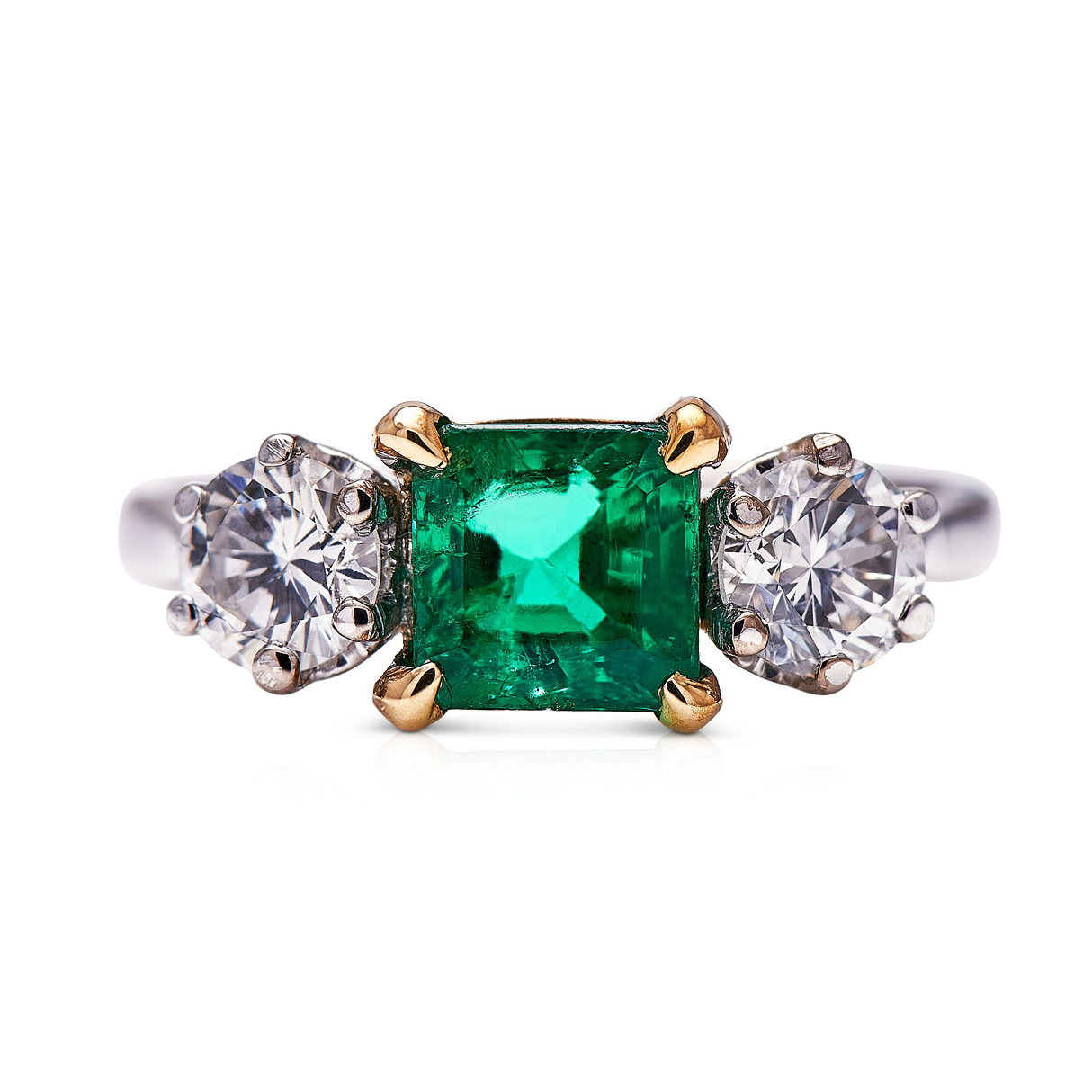 Untreated Antique Vintage, 18ct White Gold, Emerald and Diamond Three Stone Ring