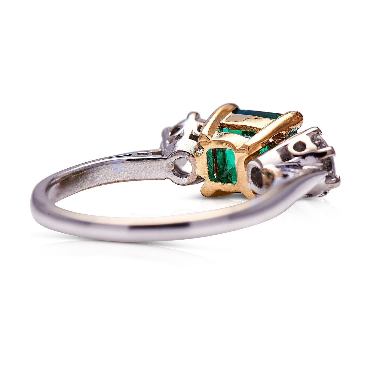 Untreated Antique Vintage, 18ct White Gold, Emerald and Diamond Three Stone Ring