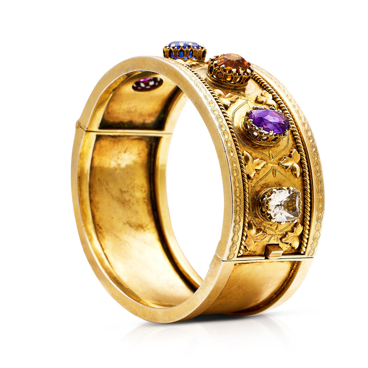 Sapphire, garnet, rock crystal, citrine and amethyst bangle, silver-gilt