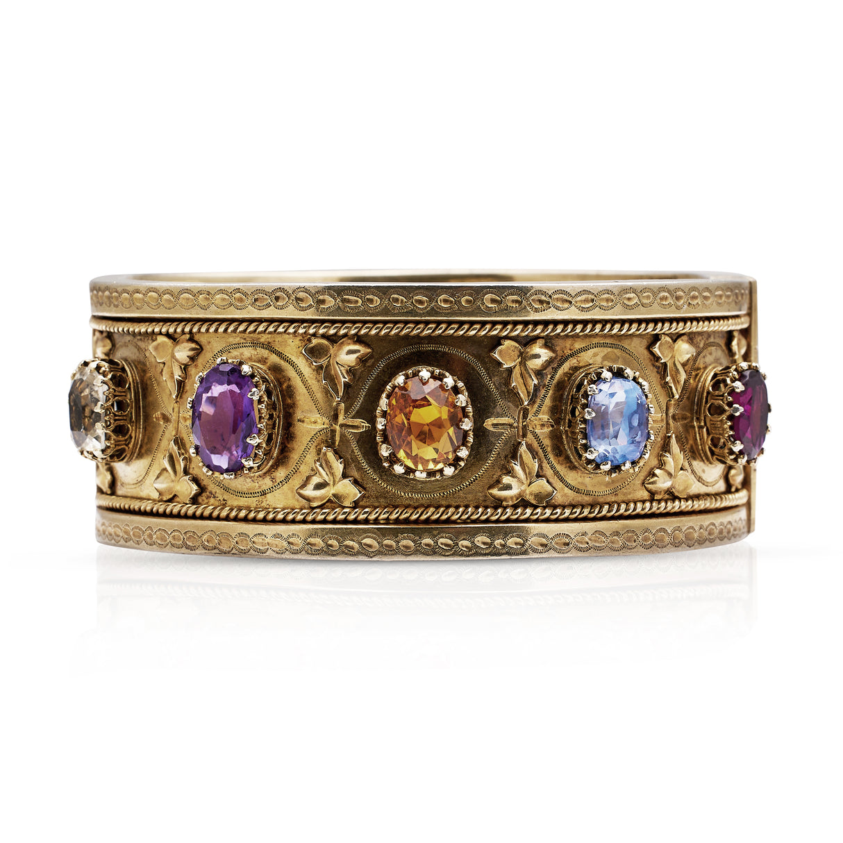 Sapphire, garnet, rock crystal, citrine and amethyst bangle, silver-gilt
