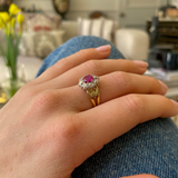 Edwardian oval Burmese pink sapphire & diamond engagement cluster ring