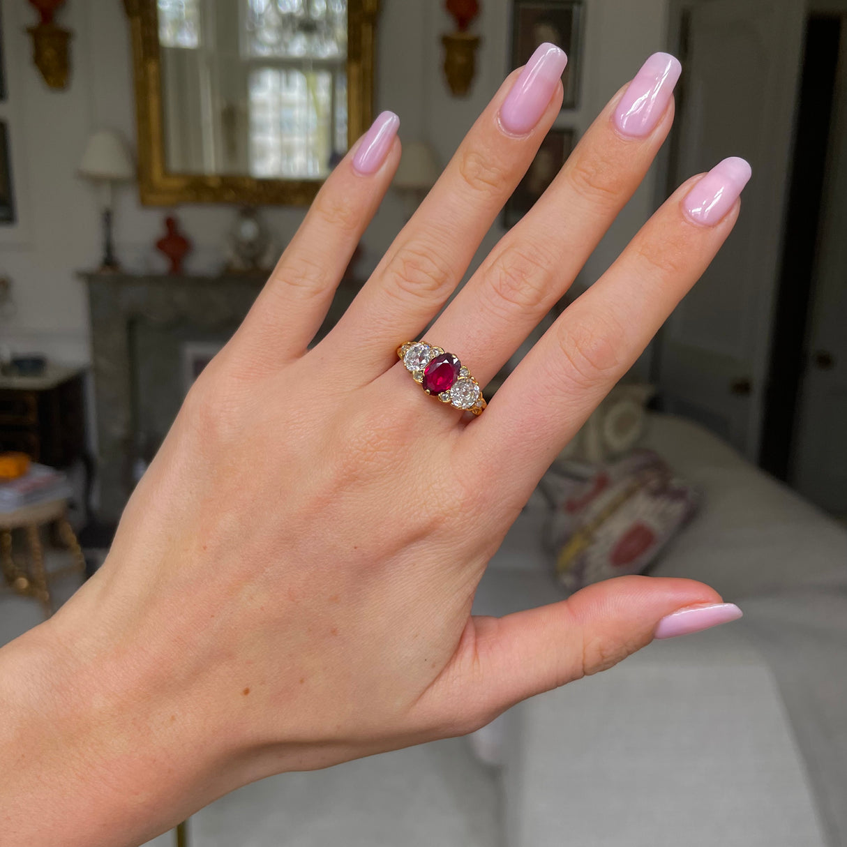 Victorian | a stunning ruby & diamond three-stone ring, 18ct gold