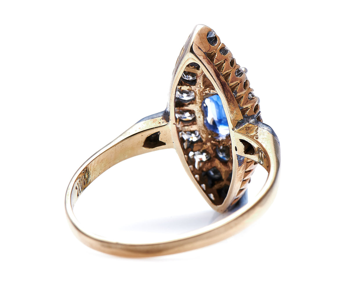 Edwardian, 14ct Gold, Sapphire and Diamond Navette Cluster Ring Antique_Rings | Vintage_rings | Antique Engagement Rings | Antique Ring Boutique | Vintage Engagement Rings | Antique Engagement Rings | Antique Jewellery company | Vintage Jewellery