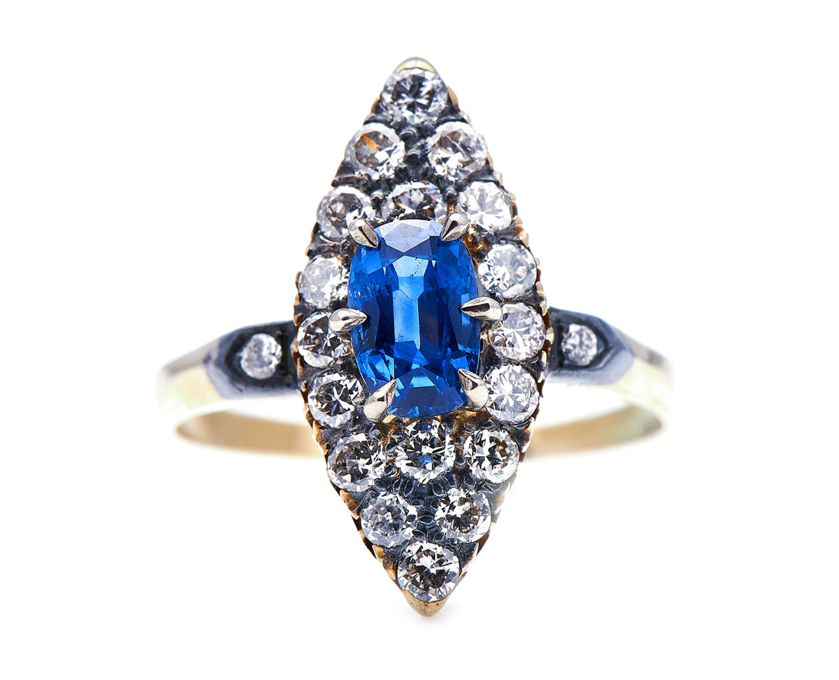 Edwardian, 14ct Gold, Sapphire and Diamond Navette Cluster Ring Antique_Rings | Vintage_rings | Antique Engagement Rings | Antique Ring Boutique | Vintage Engagement Rings | Antique Engagement Rings | Antique Jewellery company | Vintage Jewellery