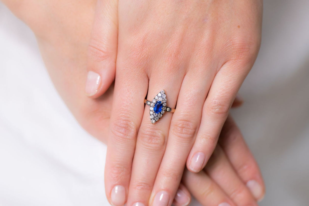 Edwardian, 14ct Gold, Sapphire and Diamond Navette Cluster Ring Antique_Rings | Vintage_rings | Antique Engagement Rings | Antique Ring Boutique | Vintage Engagement Rings | Antique Engagement Rings | Antique Jewellery company | Vintage Jewellery