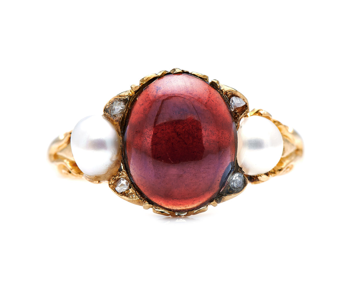 Victorian-18-Carat-Gold-Cabochon-Garnet-Natural-Pearl-Ring-Vintage