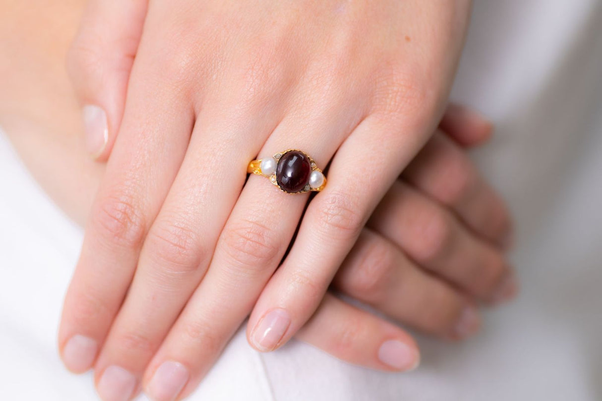 Victorian, 18ct Gold, Cabochon Garnet and Natural Pearl Ring| Antique Rings | Antique Ring Boutique | Vintage Engagement Rings | Antique Engagement Rings
