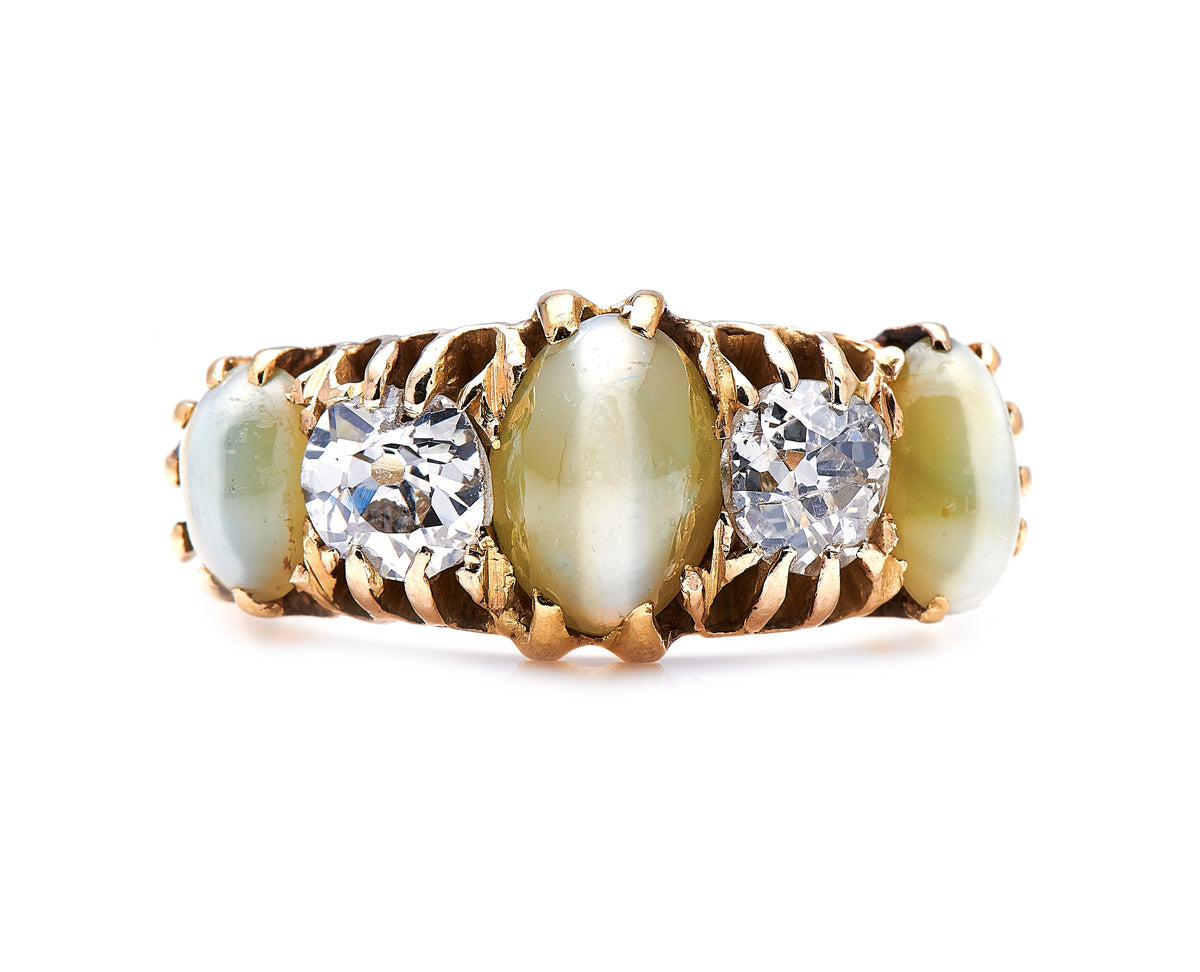 Victorian, 18ct Gold, Cats-Eye Chrysoberyl and Diamond Five-Stone Ring | Antique Rings | Antique Ring Boutique | Vintage Engagement Rings | Antique Engagement Rings