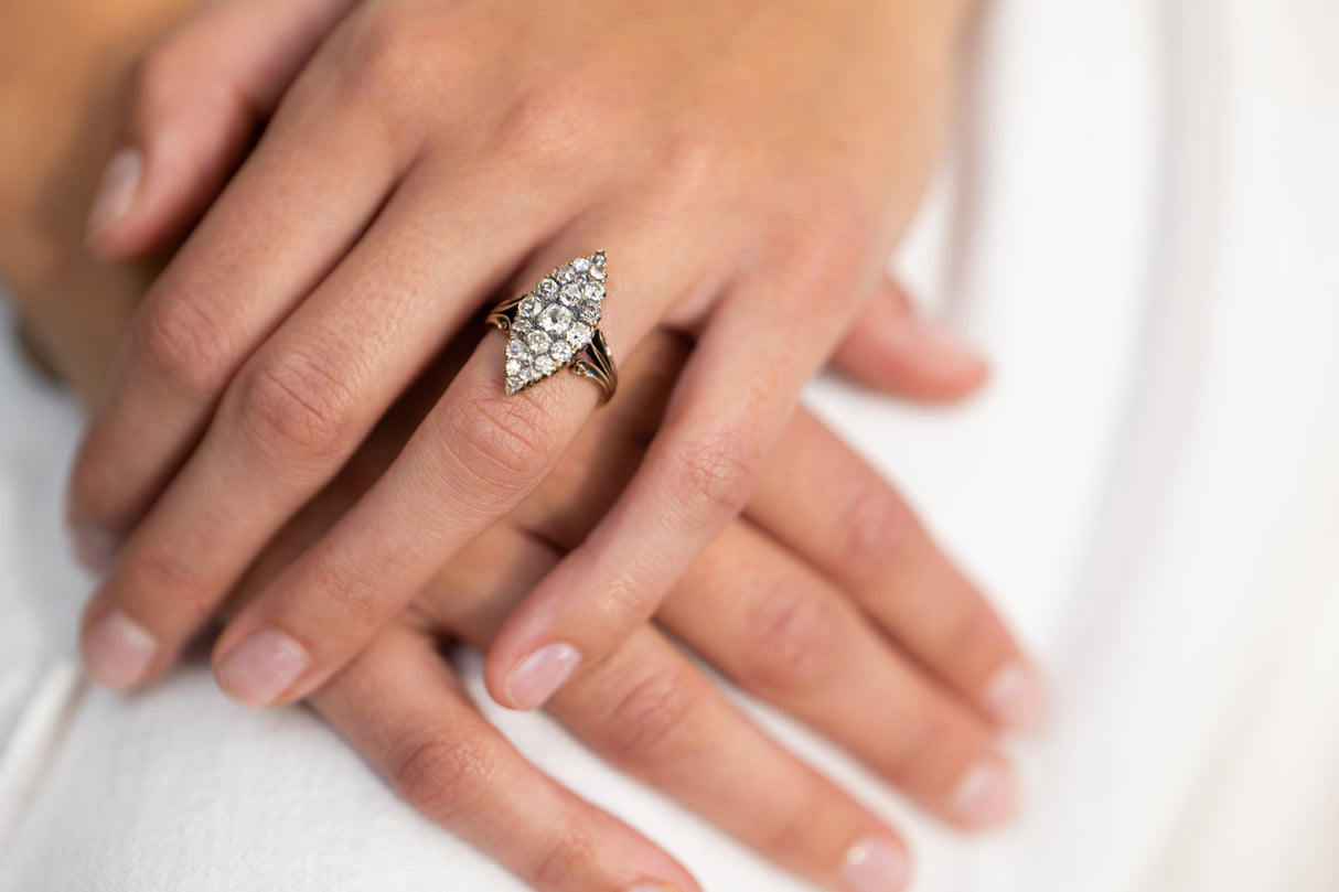 Victorian, 18ct Gold, Navette Diamond Cluster Ring | Antique Rings | Antique Ring Boutique | Vintage Engagement Rings