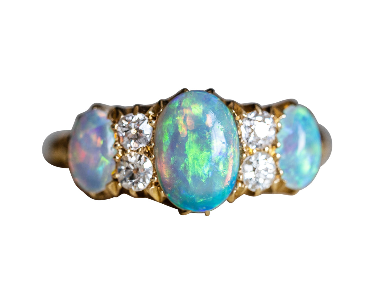 Opal-Gold-Diamond-Victorian-18-Carat-Gold-Three-Stone-Ring-Vintage-Antique
