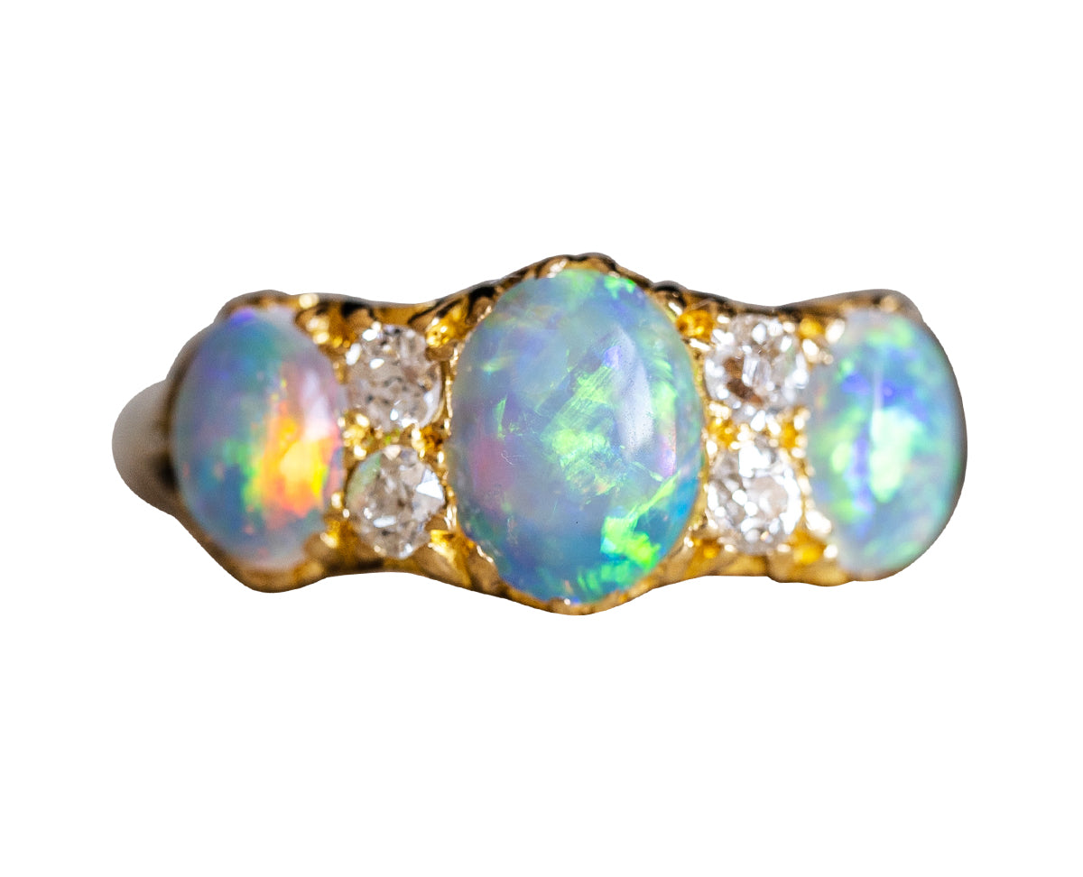 Opal-Gold-Diamond-Victorian-18-Carat-Gold-Three-Stone-Ring-Vintage-Antique