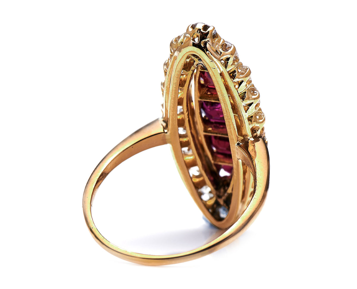 Victorian, 18ct Gold, Ruby and Diamond Navette Cluster Ring | Antique Rings | Antique Ring Boutique | Vintage Engagement Rings