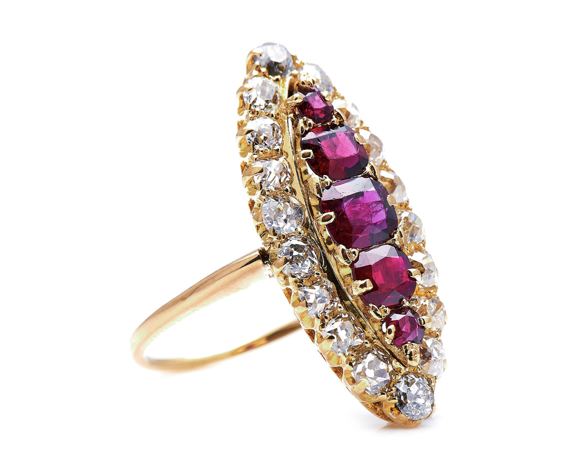 Victorian, 18ct Gold, Ruby and Diamond Navette Cluster Ring | Antique Rings | Antique Ring Boutique | Vintage Engagement Rings
