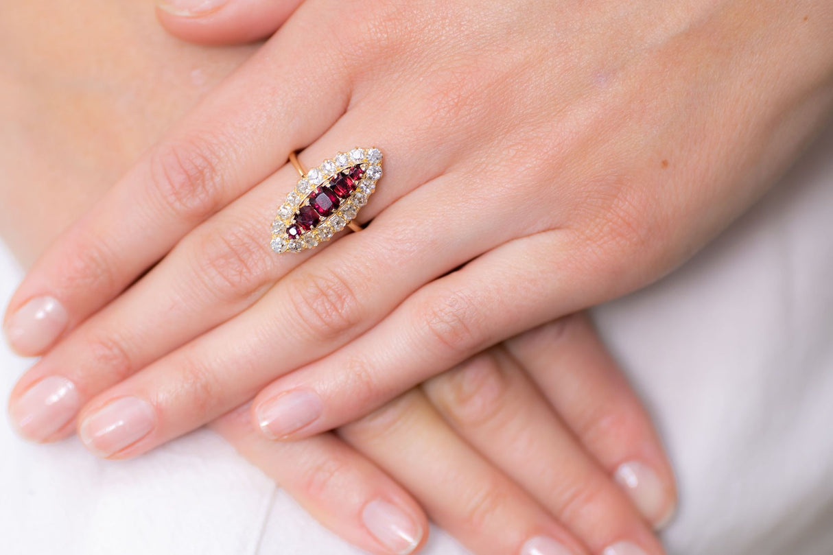Victorian, 18ct Gold, Ruby and Diamond Navette Cluster Ring | Antique Rings | Antique Ring Boutique | Vintage Engagement Rings