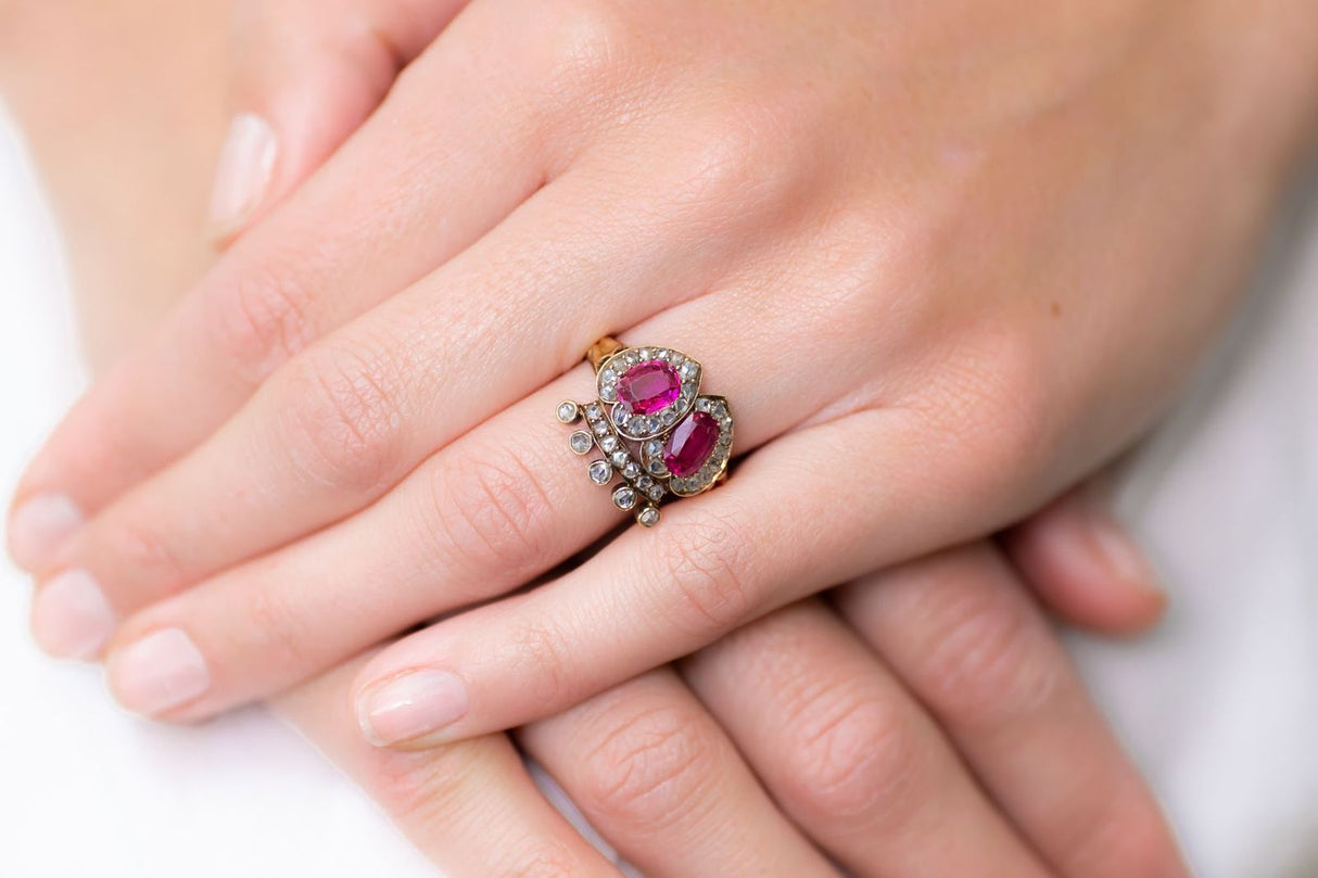 Victorian, Burmese, Double Pink Sapphire and Diamond Heart Engagement Ring | Antique Rings | Antique Ring Boutique | Vintage Engagement Rings