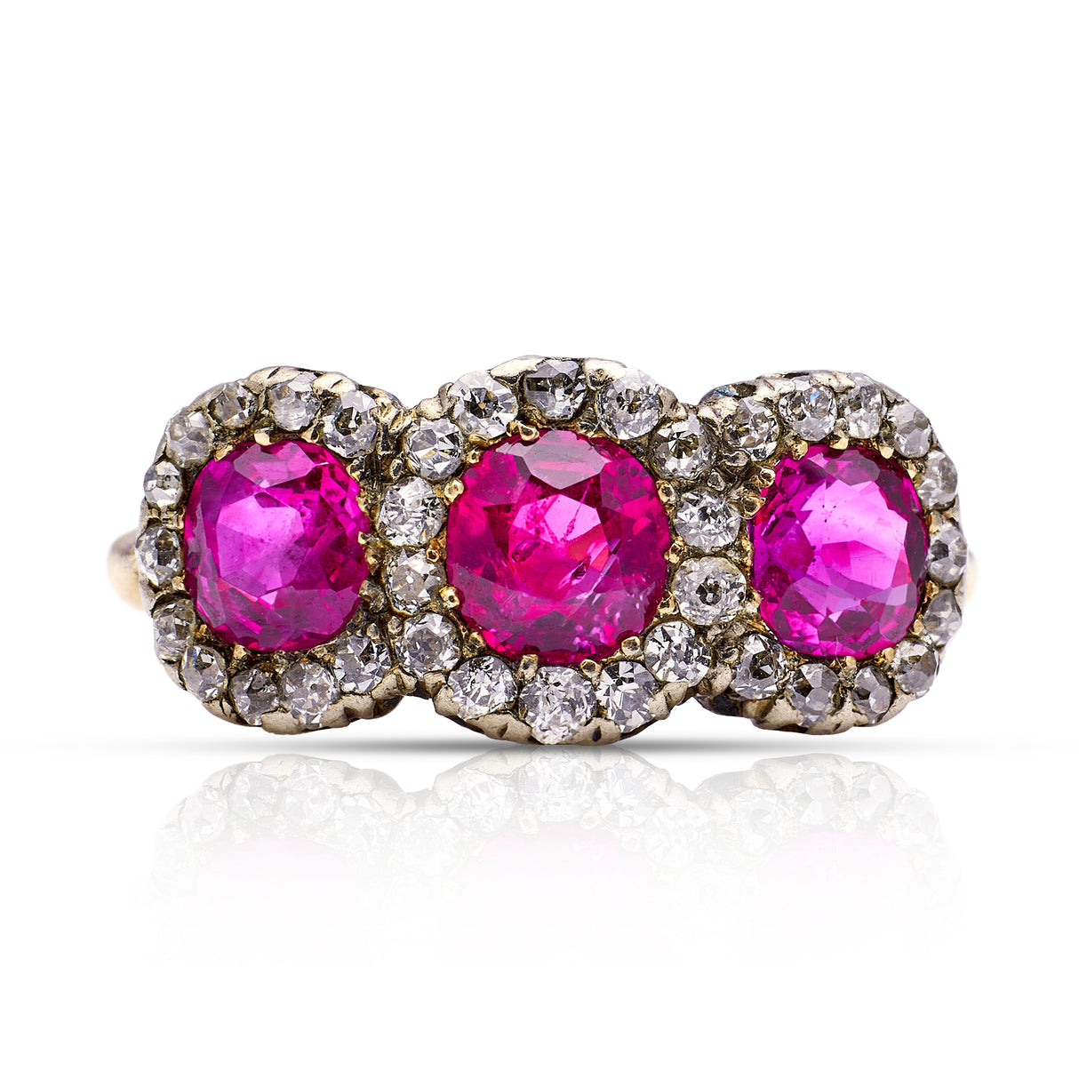 Burmese-Ruby-Diamond-Triple-Cluster-Yellow-Gold-Antique-Patina