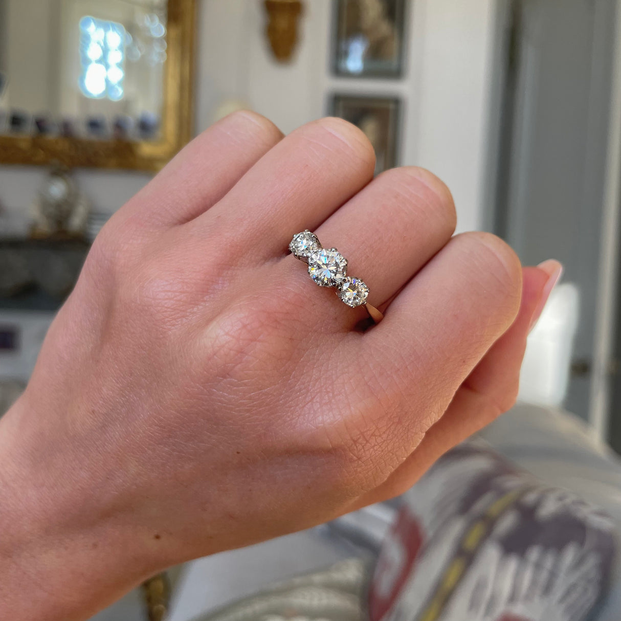 Vintage diamond three stone engagement ring, 18ct yellow gold