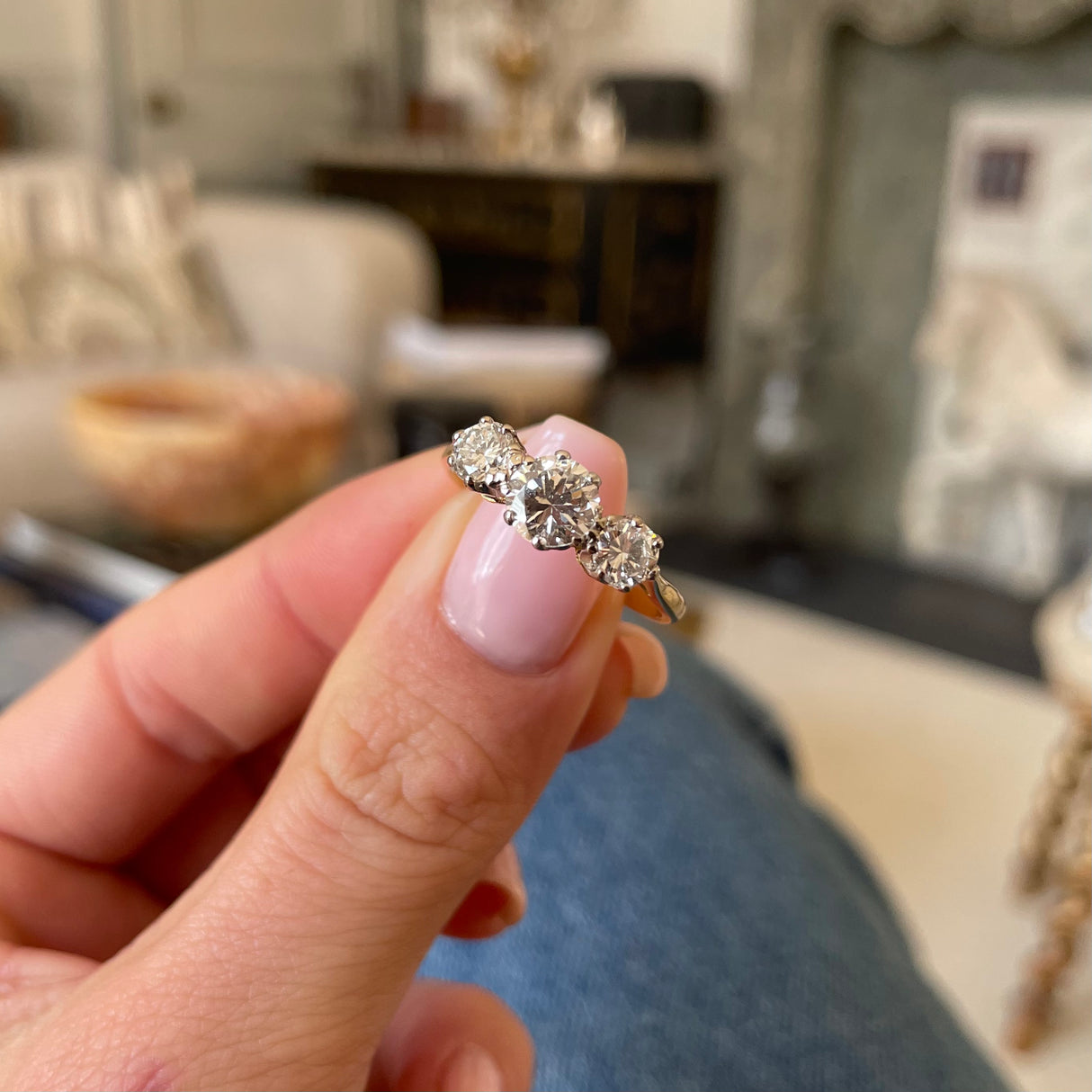 Vintage diamond three stone engagement ring, 18ct yellow gold