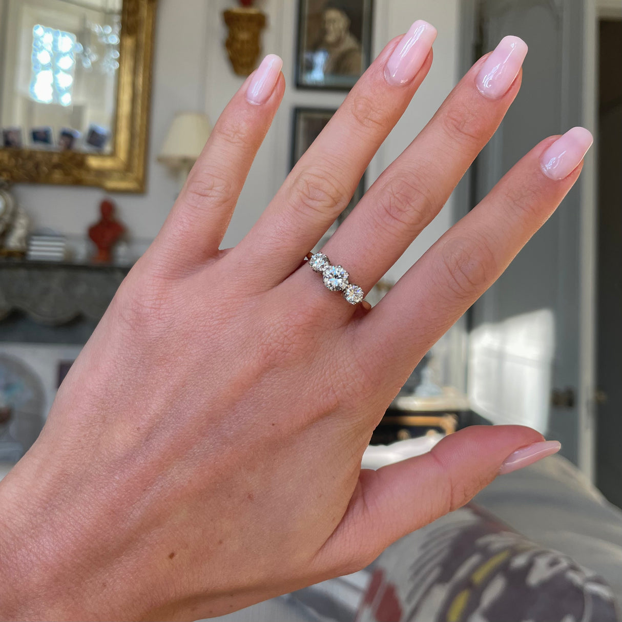 Vintage diamond three stone engagement ring, 18ct yellow gold