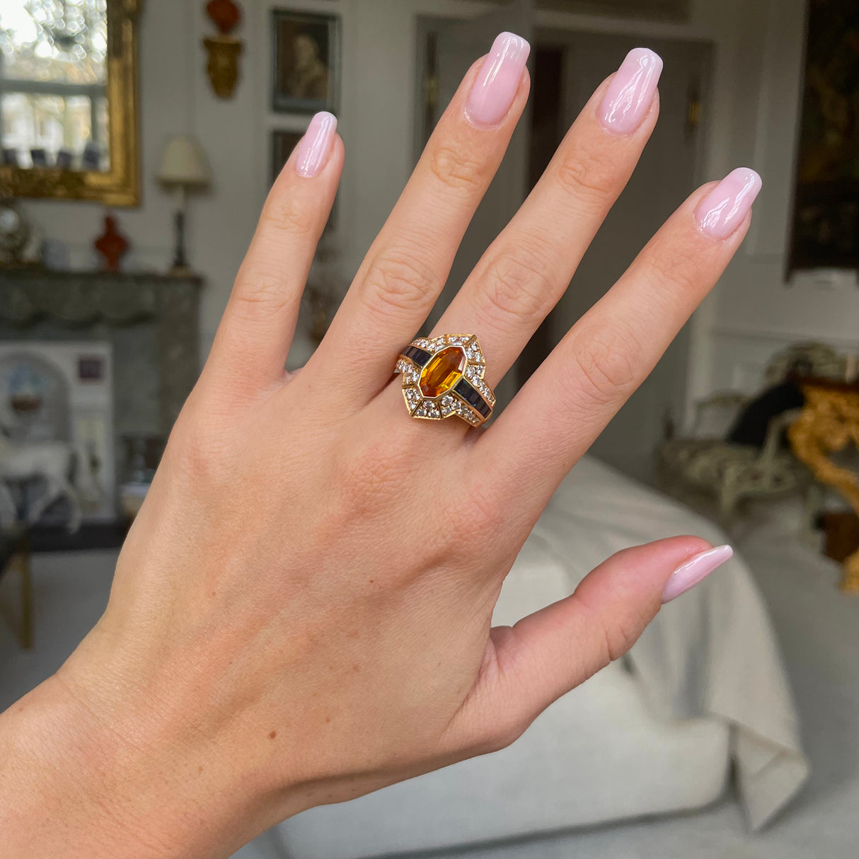 Vintage chaumet | orange sapphire, diamond and blue sapphire cocktail ring, signed
