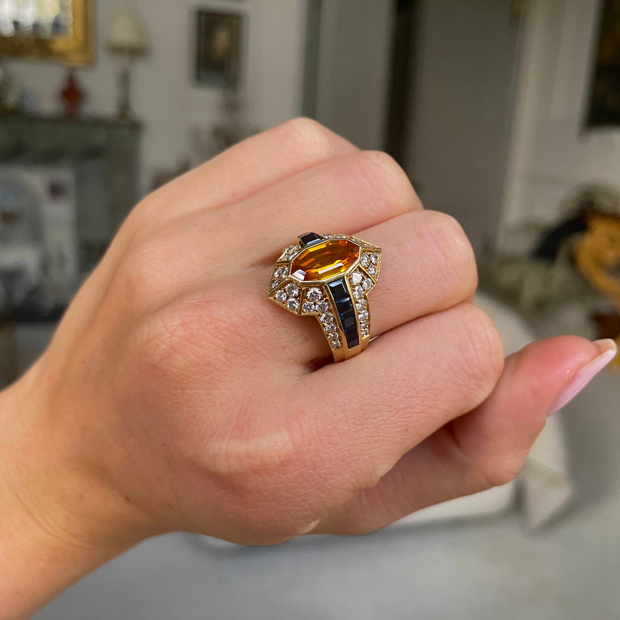 Vintage chaumet | orange sapphire, diamond and blue sapphire cocktail ring, signed