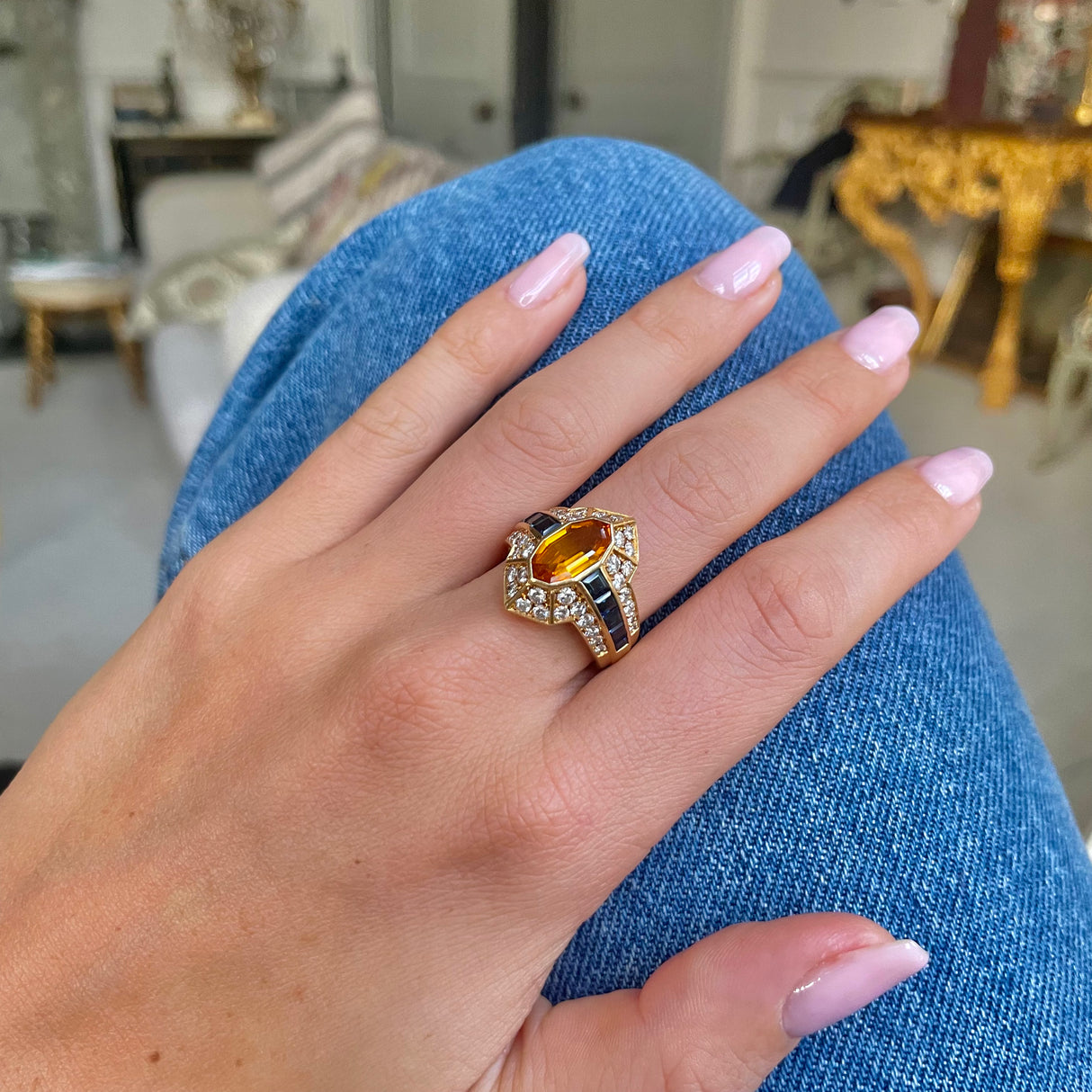 Vintage chaumet | orange sapphire, diamond and blue sapphire cocktail ring, signed